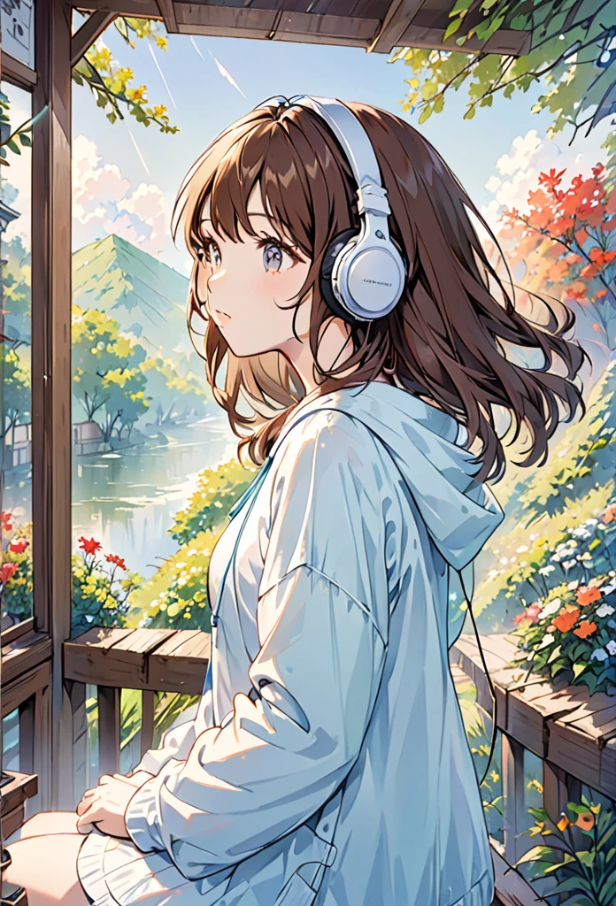 Girl wearing headphones,Brown Hair,1 person,Detailed Background,Feel the fresh morning air