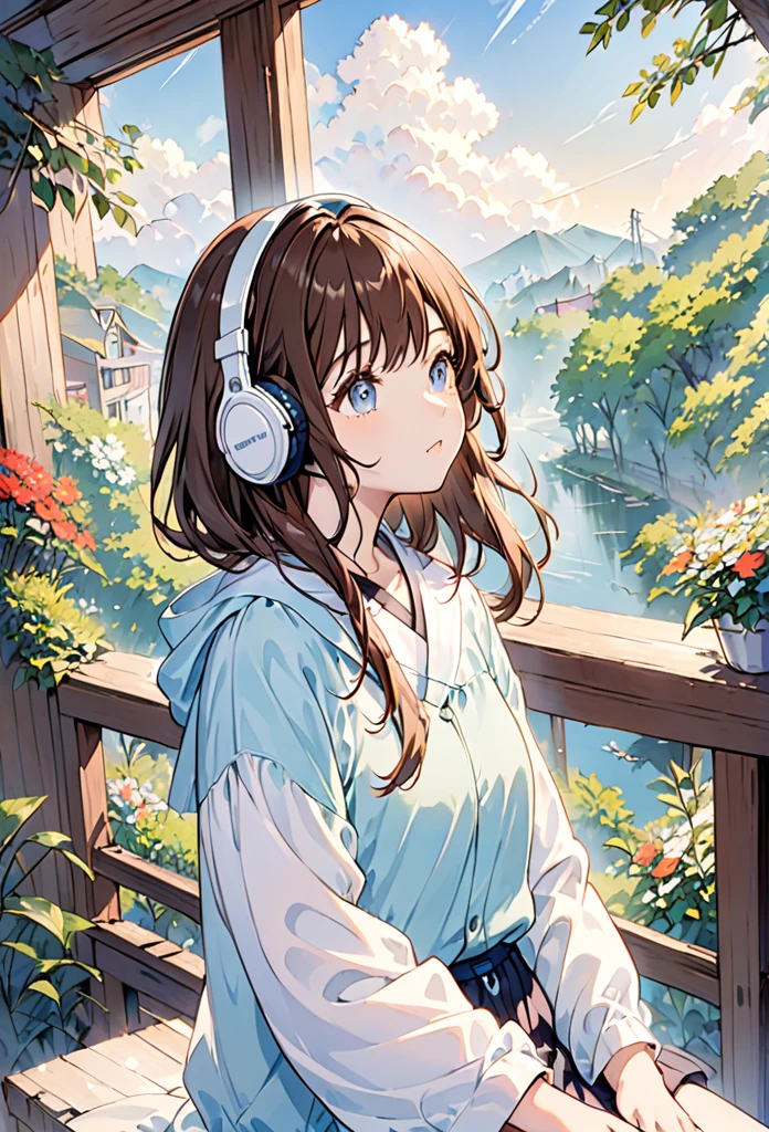 Girl wearing headphones,Brown Hair,1 person,Detailed Background,Feel the fresh morning air