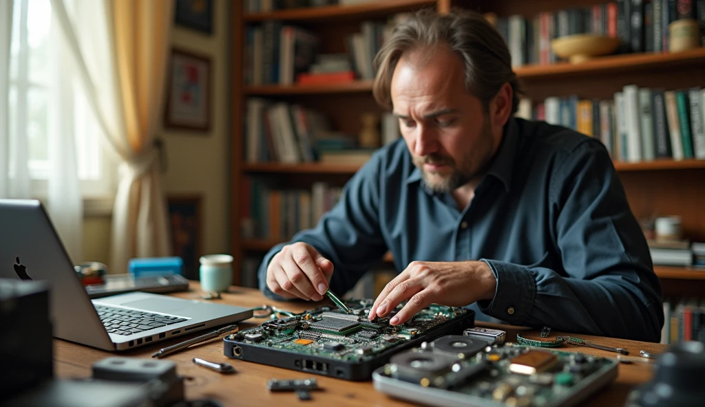 apartment, disassembled laptop, the master takes out the RAM module from it
