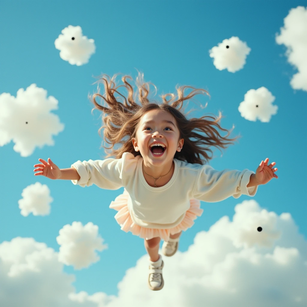 masterpiece, Best Quality, still film, 1 girl, floating in the sky, cloud girl, cloud, (close up:1.1), bright, happy, funny, Soft lighting, (bauhaus, Shapes, lines, abstract:1.1)