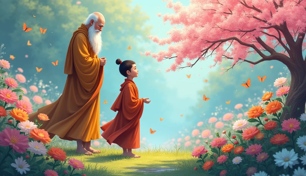Old monk master standing with his young monk desciple at beautiful garden and they are watching beautiful flowers and flowers are shining through waters, in anime style,