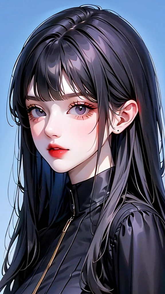 Female, long hair no bangs, dark blue shirt. Sharp quality, detailed coloring, high quality