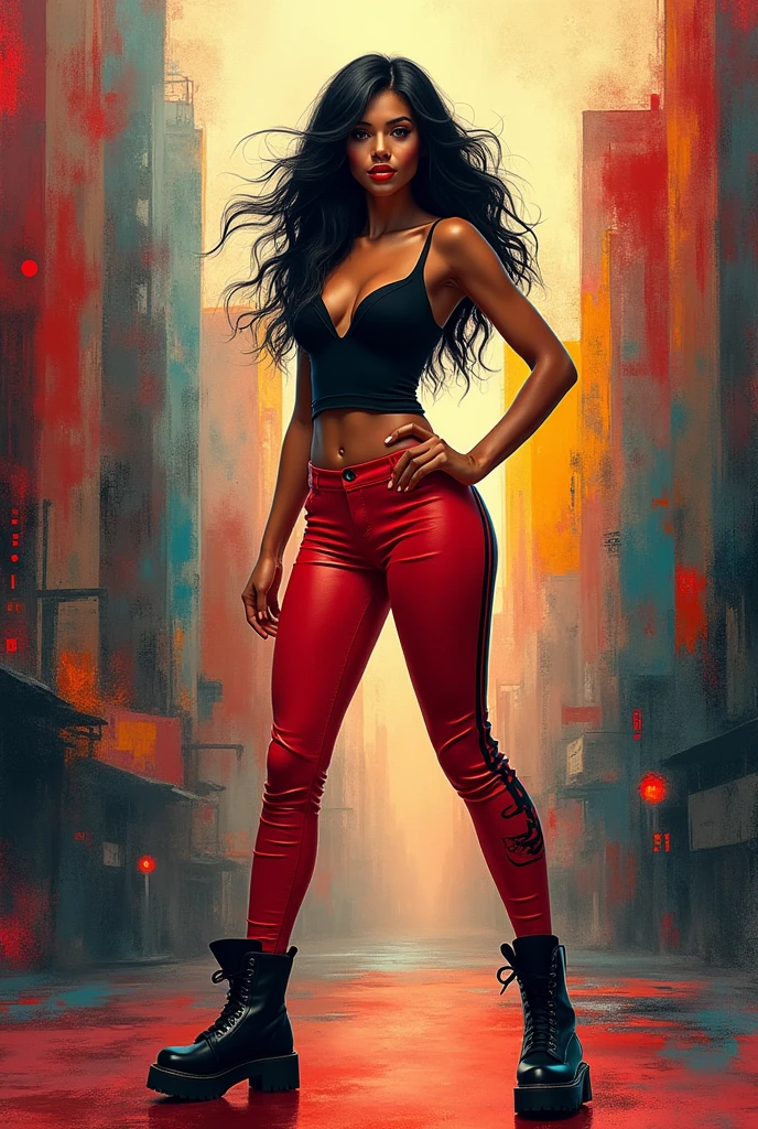 Full body image of black-haired woman wearing a black tank top with a cleavage and red leggings with black shoes 

