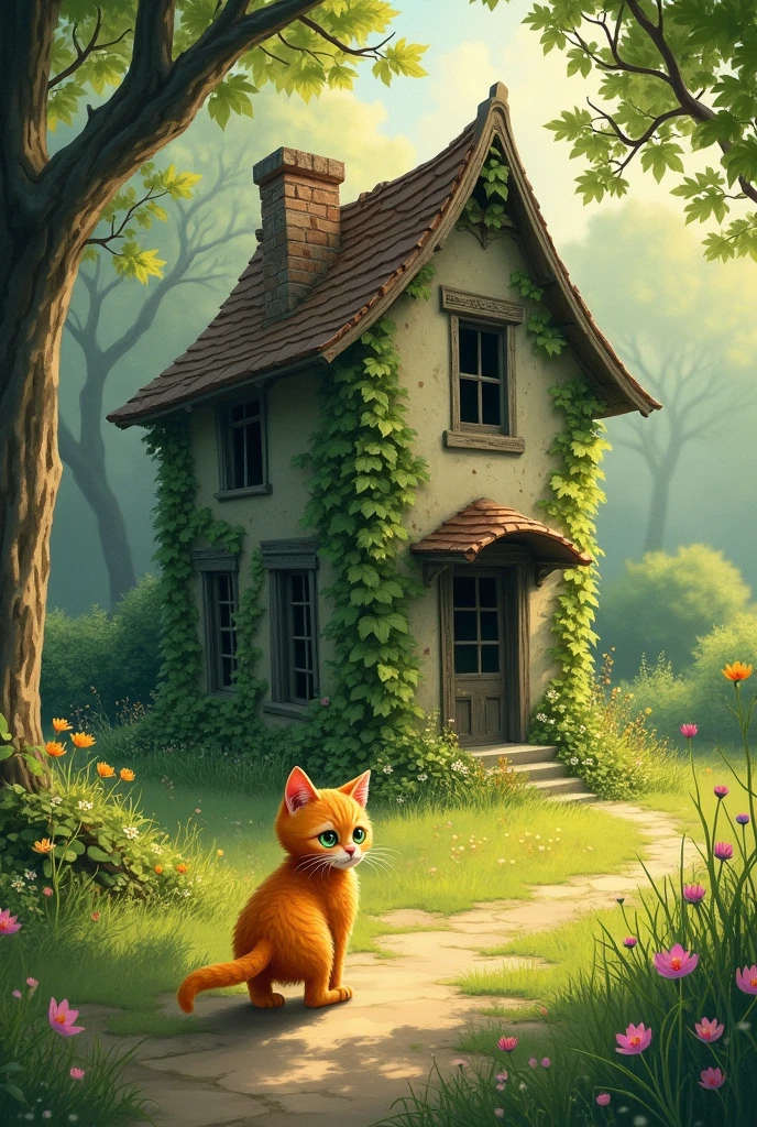 A small orange cat finds an old house