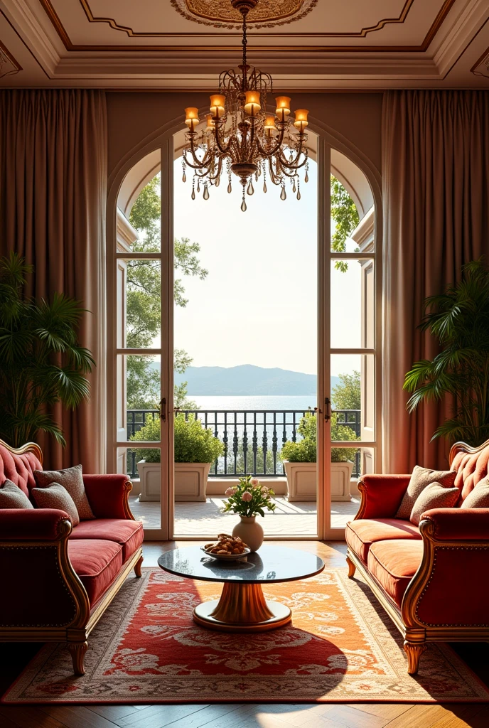 Luxury living room with large door window with balcony