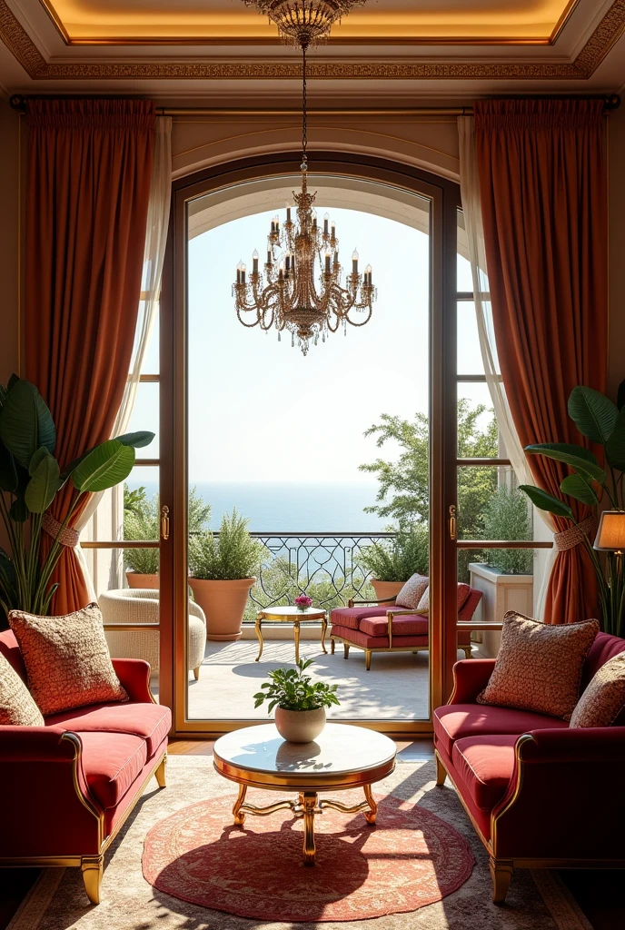 Luxury living room with large door window with balcony