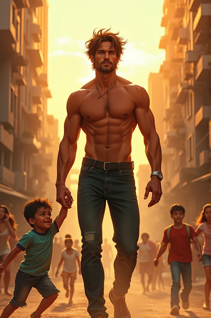 Draw a shirtless men, he is a hero, brown hair, , helping other people, make it a poser