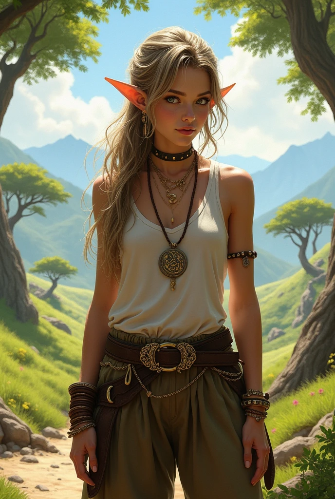 A half-elf character with a strong build, wearing a sleeveless top and loose pants, adorned with various accessories such as a necklace, bracelets, and belts. The character has distinct pointed ears, showcasing their elven heritage. They have an adventurous look about them, suggesting a background as a traveler or someone who is accustomed to life on the move.
