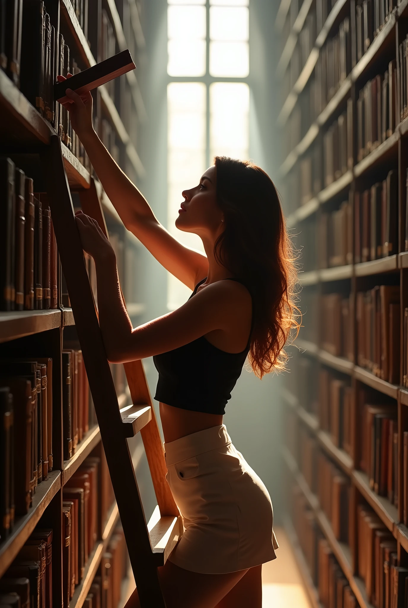 Melissa Sue Anderson, standing in the middle of two shelves of books in the library, sexy pose, white miniskirt, black top, climbing the book shelf ladder, chestnut, full body, hot. light coming through the window in the background, the light falls on his shoulders, (masterpiece) (best quality) (detailed) (8k) (HDR) (wallpaper) (cinematic lighting) (sharp focus) (intricate)