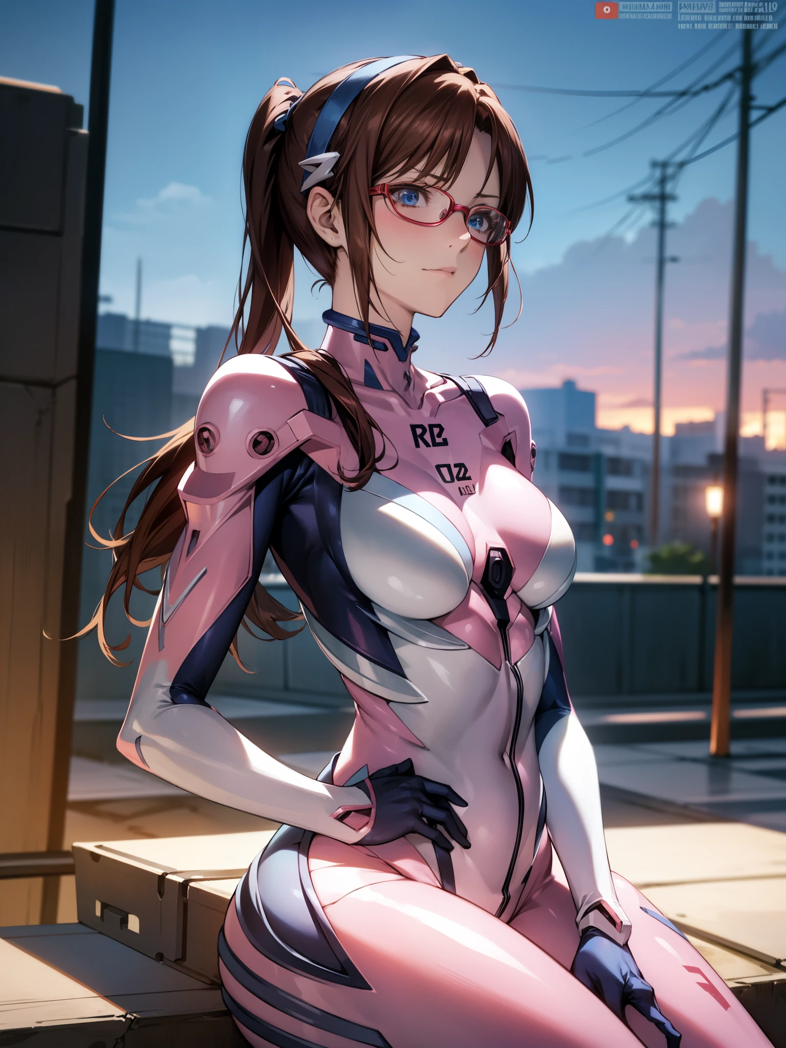 marimakinami, Mari Makinami, blue eyes, Brown Hair, Big Breasts, Glasses, head band, Twin tails,
break bodysuit, Pink bodysuit, Plug Suit,
break outdoors, city,
break looking at viewer, 
break (masterpiece:1.2), Highest quality, High resolution, unity 8k wallpaper, (shape:0.8), (Beautiful attention to detail:1.6), Highly detailed face, Perfect lighting, Extremely detailed CG, (Perfect hands, Perfect Anatomy),