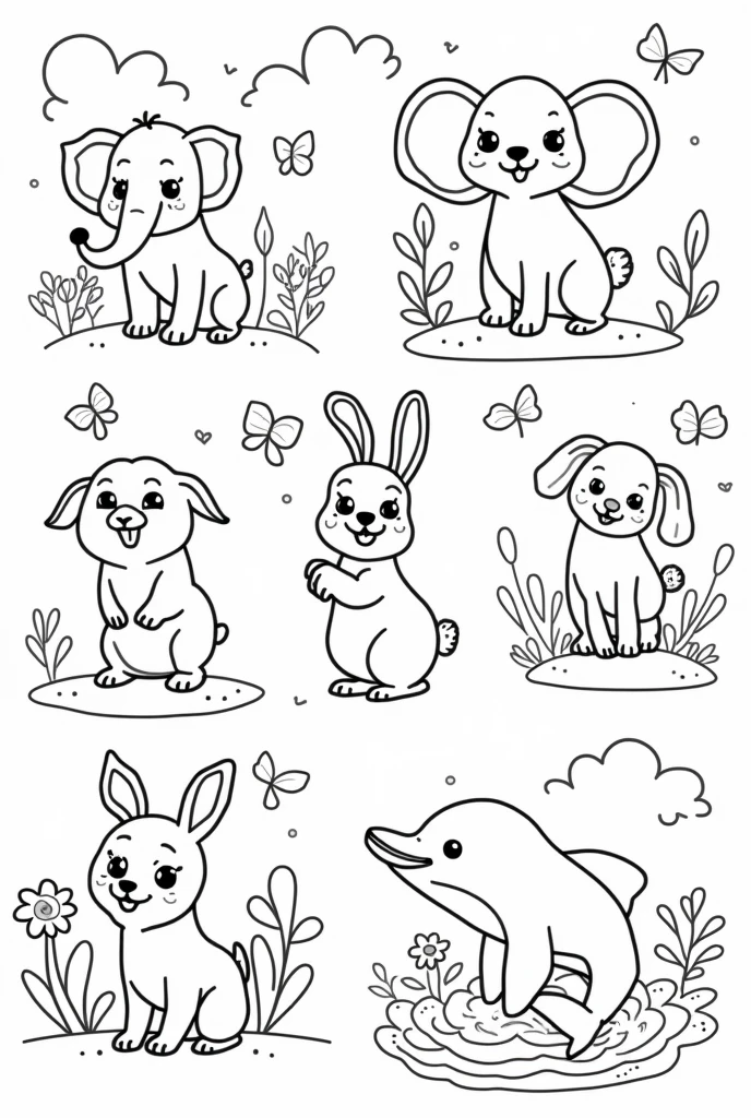 I need to create 10 different and simple images of animals for a coloring book by numbers for children between 4 and .