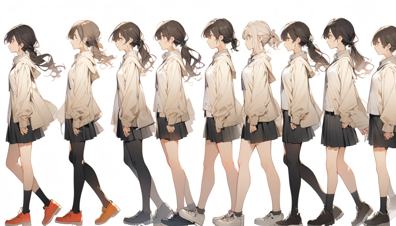 5girl, side view, walk, white background, no background,