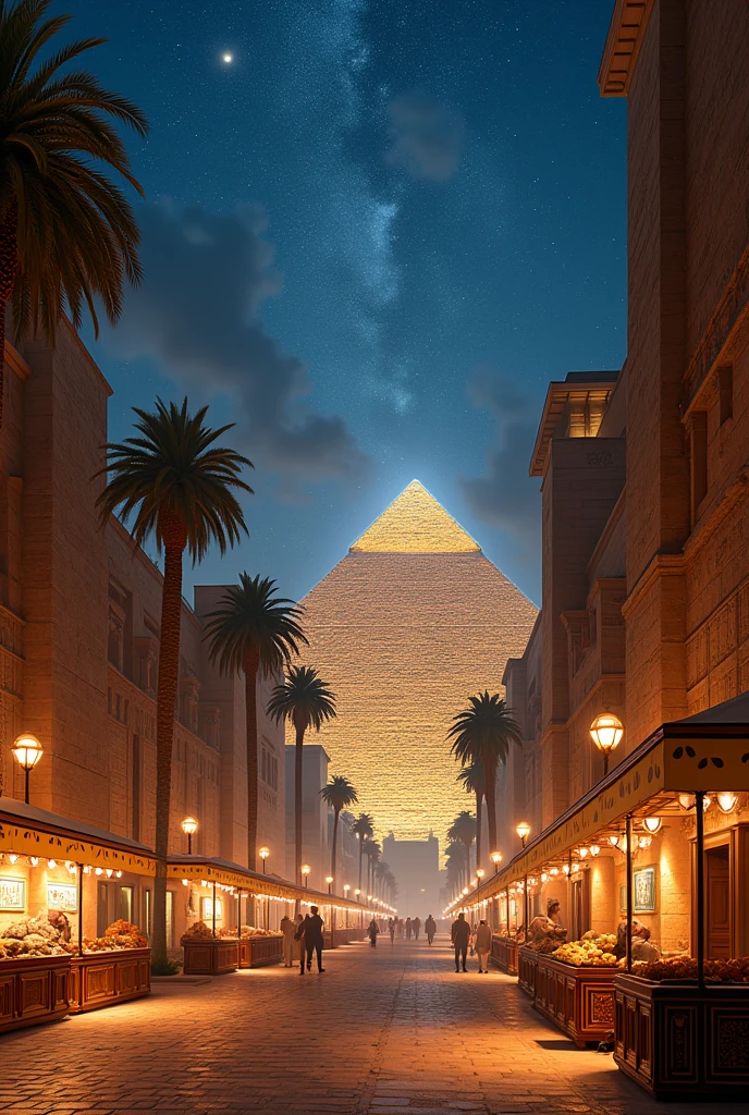 Create a blend of an ancient Egyptian city with modern 21st century features illuminated at night with a luxurious modern glass pyramid illuminated at night