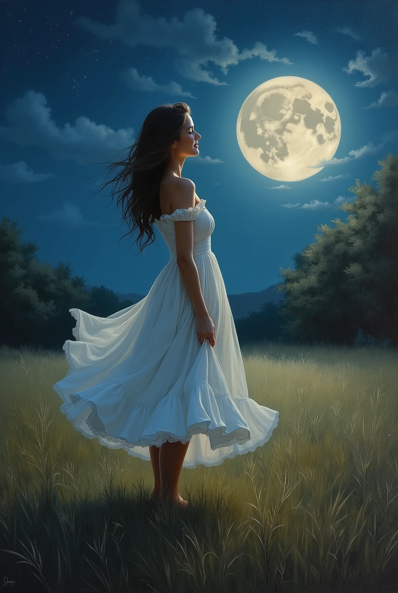 A delight oil painting of A sweet woman standing in a moonlit meadow, her dress gently moving in the breeze as the dim silver light of the moon enhances her curvy form against the darker dark landscape. Her pose is inviting. 