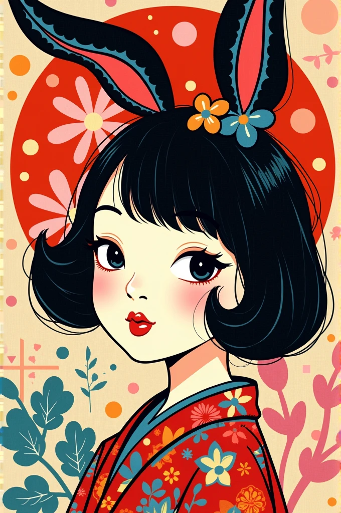 japanese woman, bunny ears, portrait , (Andy Warhol)