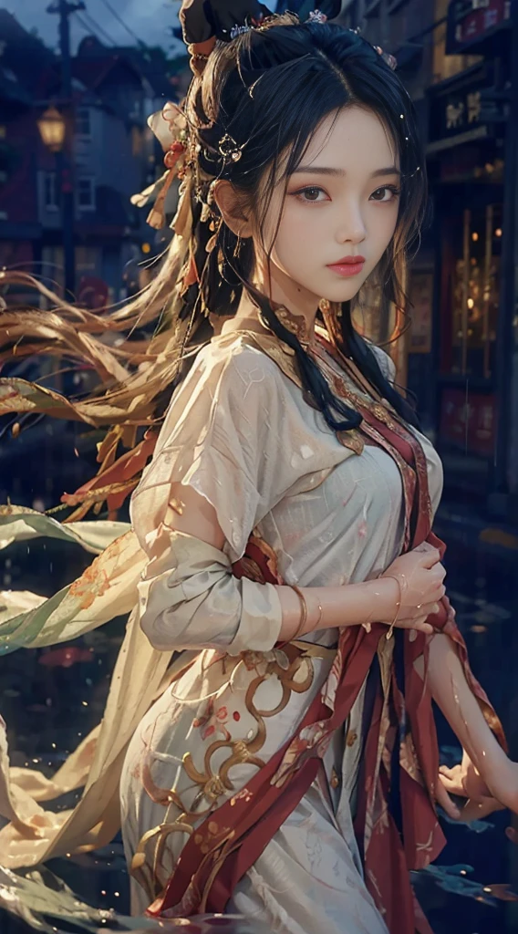 (Ridiculous, High Resolution, Ultra Detailed), 1 Girl, Solo, Mature, (Long Hair), Fanatic, Long Sleeves, Elegant, Holy, Colorful, Supreme Detail, Underwater, Floating Hair, Flowers, (Wet White Button Long Shirt: 1.1), (Rain, Street: 1.2), Wet: 1.5, Highly Detailed Face and Skin Texture, Detailed Eyes, Double Eyelids, Side Face Looking at the Camera, Three Heads and Six Arms, Mixed Sky Aya, Auspicious Clouds Floating