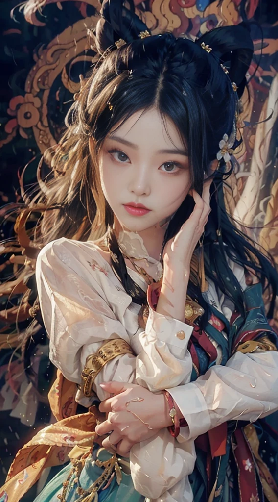 (Ridiculous, High Resolution, Ultra Detailed), 1 Girl, Solo, Mature, (Long Hair), Fanatic, Long Sleeves, Elegant, Holy, Colorful, Supreme Detail, Underwater, Floating Hair, Flowers, (Wet White Button Long Shirt: 1.1), (Rain, Street: 1.2), Wet: 1.5, Highly Detailed Face and Skin Texture, Detailed Eyes, Double Eyelids, Side Face Looking at the Camera, Three Heads and Six Arms, Mixed Sky Aya, Auspicious Clouds Floating