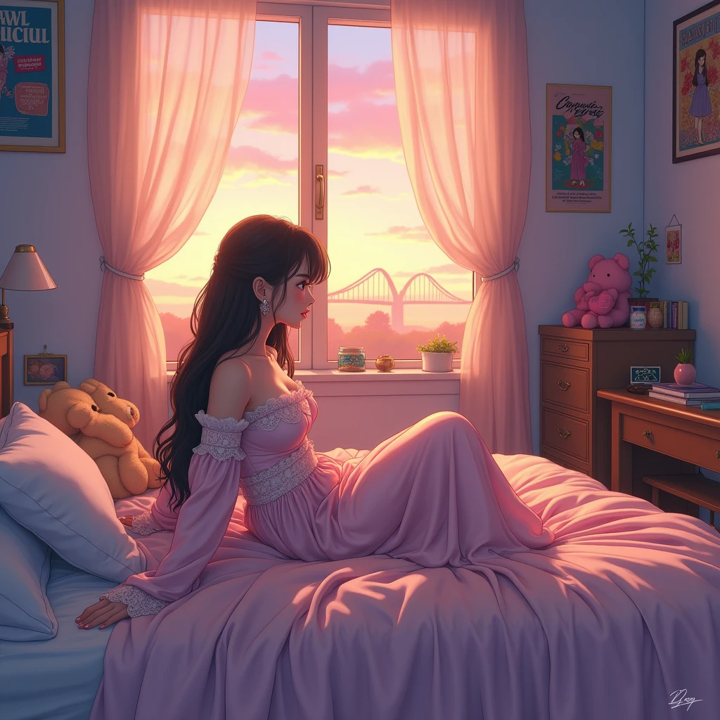 90s woman in her bed aesthetic wearing a beautiful gown in anime hd quality 
