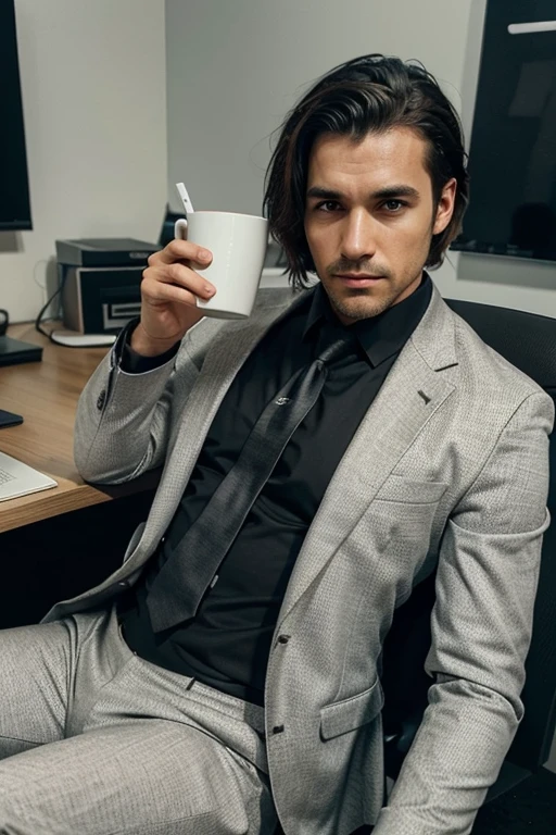 generate an image of a man sitting in a swivel chair infront of his desk with a cup in his hands, he dressed as a professional man with a white suit and a black necktie (textured skin)