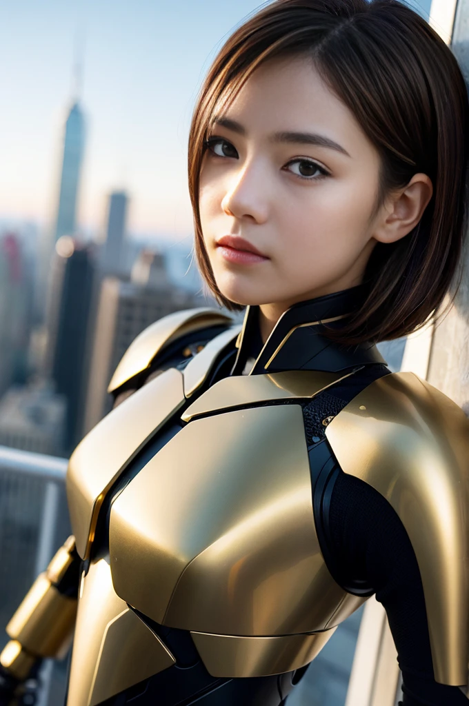 (One person:1.3), alone,__Body parts__, Official Art, unity 8k wallpaper, Super detailed, beautiful and aesthetic, beautiful, masterpiece, 最high quality, born, masterpiece, Ultra HD Photos,, 最high quality, Ultra-high resolution, Realistic, sunlight, Full body portrait, stunningly beautiful,, Dynamic pose, Delicate face, bornきbornきとした目, (Side view), she is wearing futuristic mecha, Black and Gold, (Light Brown Hair:1.4), Detailed face, Detailed and intricate skyscraper, rooftop, nice, Milky, Skin with attention to detail, Realistic skin detail, Visible pores, Sharp focus, Volumetric Fog, 8K Ultra HD, Digital single-lens reflex camera, high quality, Film Grain, Fair skin, Photorealism, Lomography, View from below, translucent