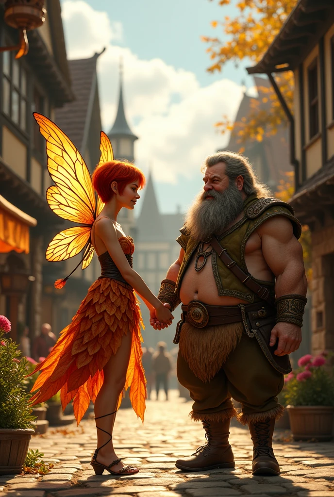 A tall, short-haired red-haired fairy and a strong dwarf holding hands in a medieval town 