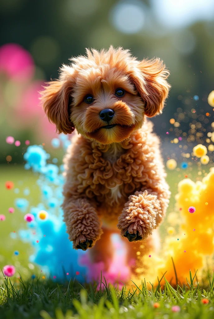 A brown toy poodle playing with colorful ink splashes