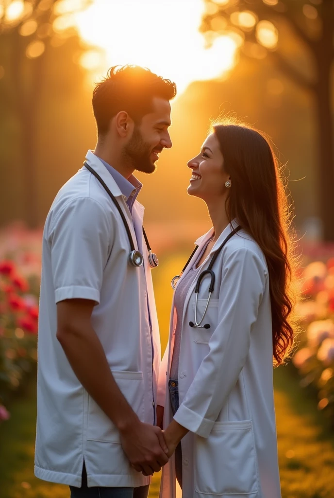 A man and woman in love holding hands.the man is a bit shorter than the woman.the woman is a doctor 


