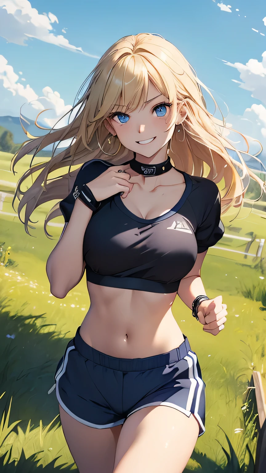 最high quality、Best image quality、masterpiece、woman((18-year-old、Sportswear、Black sports bra、Blue shorts、Best Bust、Bust 85、Blonde、Long Hair、blue eyes、Open your chest wide、valley、happiness、Black wristband on wrist、Slender、smile、耳Nipple Ring、running、The wind is blowing、sweating、Hunchback))high quality、Visual Arts、background((grassland、Grass path))、Tabletop、