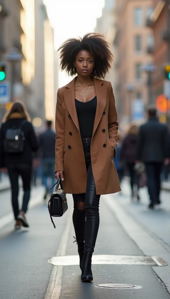 A woman walking confidently down the street with a big is in the center of a busy city, and her presence radiates admiring glances.