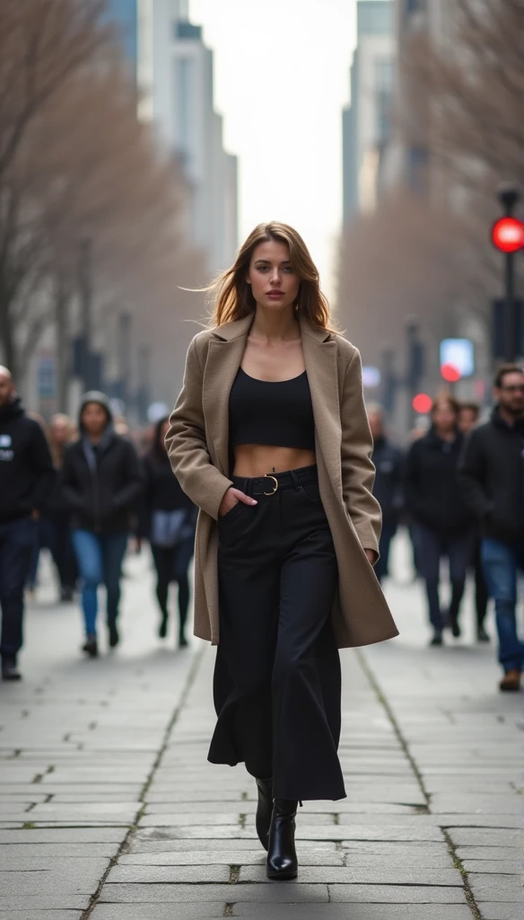 A woman walking confidently down the street with a big butt is in the center of a busy city, and her presence radiates admiring glances.