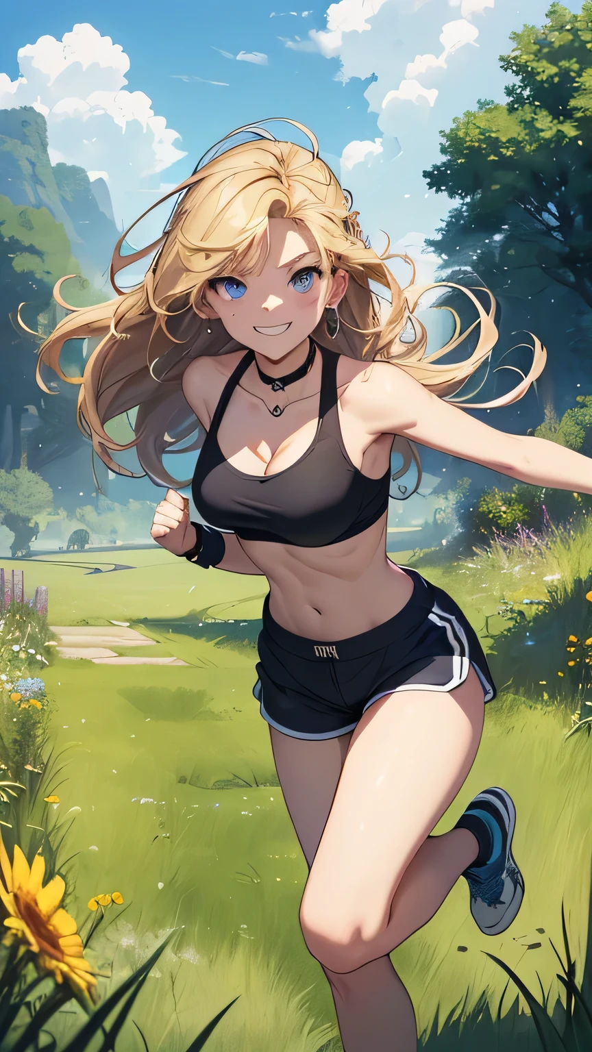 最high quality、Best image quality、masterpiece、woman((18-year-old、Sportswear、Black sports bra、Blue shorts、Best Bust、Bust 85、Blonde、Long Hair、blue eyes、Open your chest wide、valley、happiness、Black wristband on wrist、Slender、smile、耳Nipple Ring、running、The wind is blowing、sweating、Hunchback))high quality、Visual Arts、background((grassland、Grass path))、Tabletop、