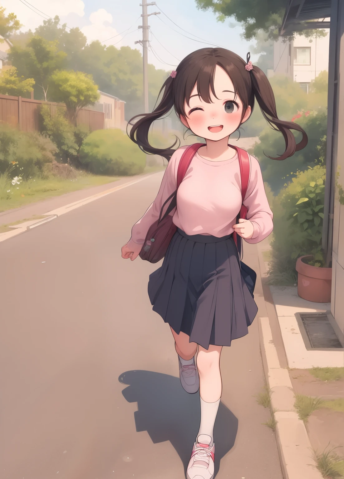 (masterpiece、Highest quality、Highest quality、Official Art、Beautiful and beautiful:1.2)、(One person:1.3)Hatsune Miku、Twin tails,Beautiful breasts, Katsushika Hokusai,masterpiece, Highest quality, plural, Backpack, bag, Three people, skirt, close your eyes, Black Hair, school bag, Open your mouth, short hair, Brown Hair, Outdoor, smile, sneakers, Twin tails, shoes下, shoes, child, road, walk, wood, Day, ^_^, short Twin tails, running