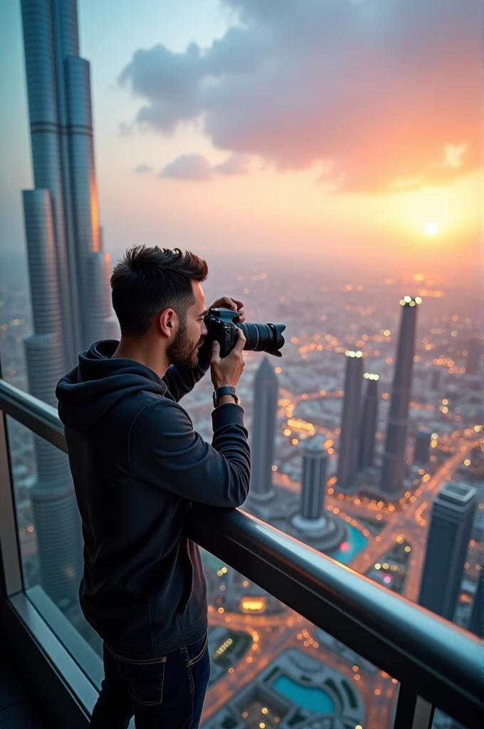 Man takes pictures of himself on Burj Khalifa and looks into camera
