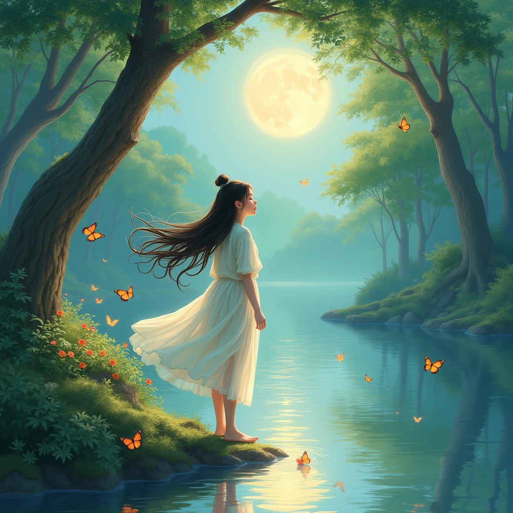 original, (masterpiece), (illustration), (extremely fine and beautiful), (perfect details), (CG unit wallpaper 8K:1.05), (Beautiful and clear background:1.25), (depth of field:0.7),1 girl,huanxiaoyi , (It is located next to the river:1.15).(hair blowing in the wind:1.1),butterflies flying around, (Moonlight:0.6), tree, (summer), (evening:1.2), (close up:0.35), (gloves:0.8), Alone ,
