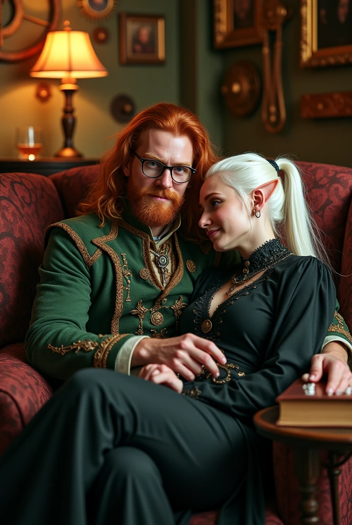 [majicMIX fantasy] steampunk vibe. ginger-haired renaissance prince, with long hair and a short beard, round glasses, green and brown clothing, a kind and soft smile, soft muscular body type, kind features, hazel eyes. He has a silver crown and has a glass of whiskey and a leather bound book on a nearby table, as he is sitting in an armchair in his bedroom. On his lap is a white-haired elf man dressed in black, and the prince has a hand on the elf's butt.