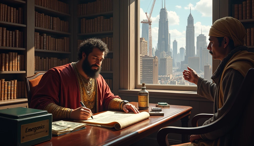 Create an image of Solomon in a library or planning room, reviewing a scroll representing your savings plan. Next to you, a table with several small safes, each labeled with different future purposes, as 'emergencies',' 'investments,' and 'opportunities.' In the background, show an open window revealing a growing city, where constructions and innovations represent the opportunities that savings can unlock over time. Also include a picture of a merchant trying to sell luxurious goods., to reinforce the idea of resisting immediate consumption.