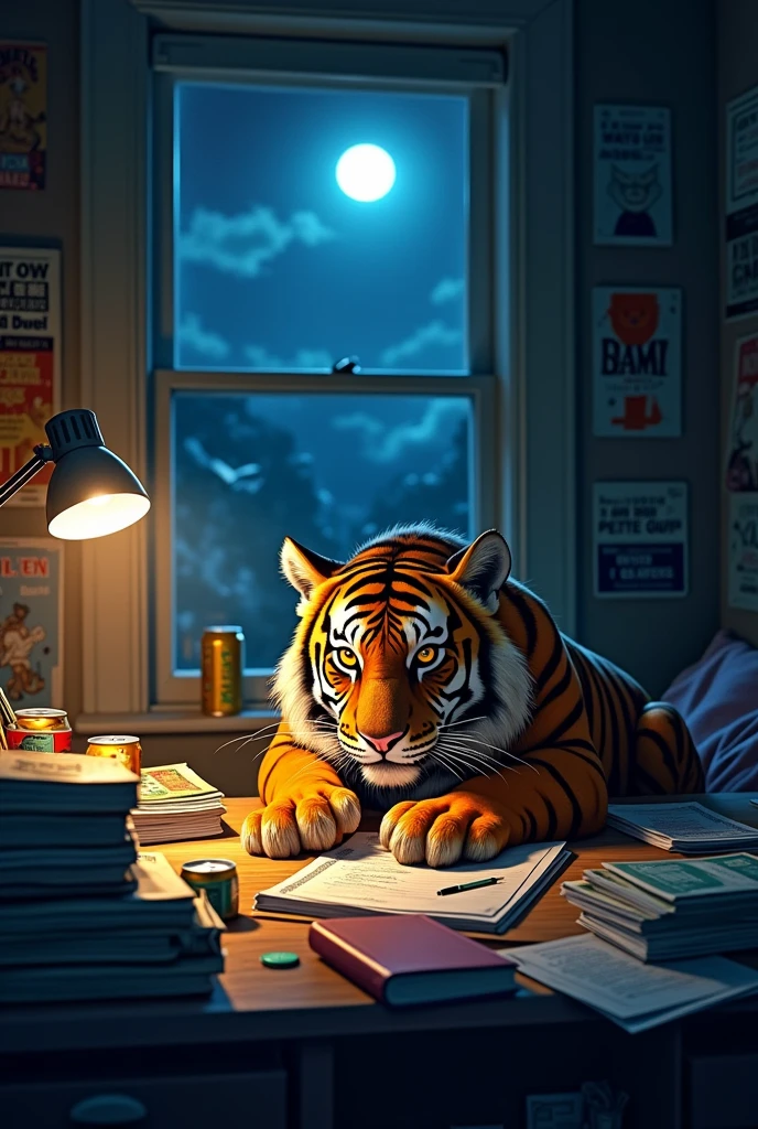 Make a college tiger studying like crazy, worried and scared at night