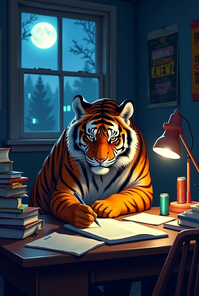 Make a college tiger studying like crazy, worried and scared at night