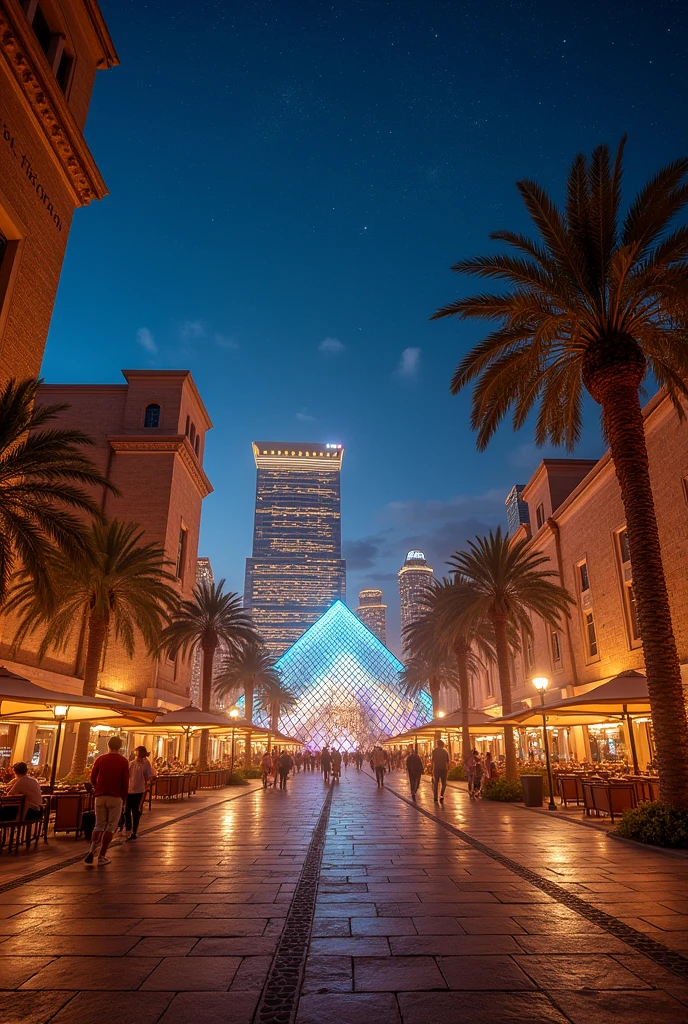 Create a blend of an ancient Egyptian city with modern 21st century features illuminated at night with a luxurious modern glass pyramid illuminated at night