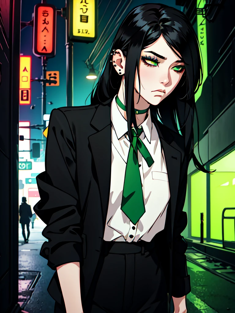 1girl, ((hair over eye)), (tight black lace blazer), black tie, ((long hair)), ((straight hair)), (((black hair))), side swept bangs, white skin, pale, white, (green eye), tired expression, choker, ((dark makeup, mascara, eyeshadow)), mole under eye, multiple piercings, best quality, 8k, cyberpunk city, neon streets, white shirt, erotic, slytherin