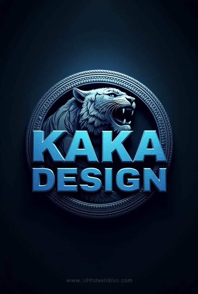 3D logo with name written "KAKA DESIGN" there is a picture of a tiger behind the writing, round shape, emboss effect, stainless steel, artistic elegance, glowing efek.auto focus, metallic blue logo color, dark color background