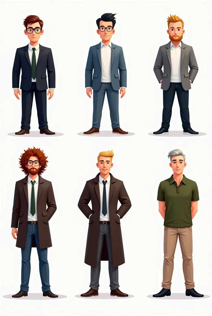 create these same six male avatars to be used in marketing and administration work, but separated and with a white background