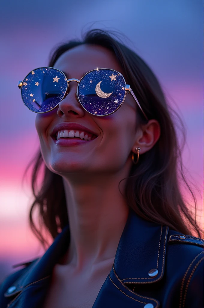 The model is wearing glass sunglasses with stars and the moon on the glass