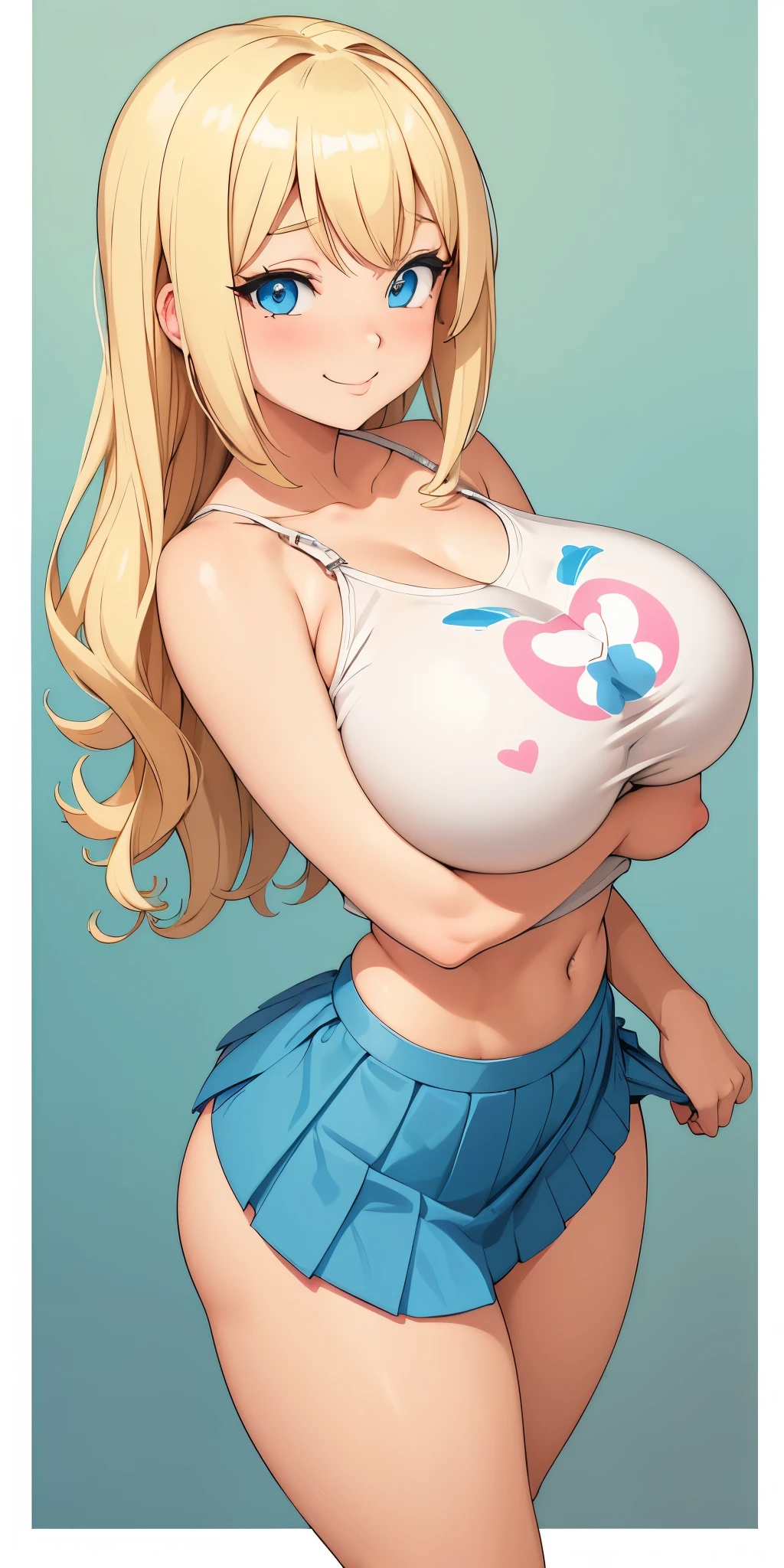 Anime girl, blue eyes, blonder hair, muy voluptuosa, , big breast, shy smile, wallpaper, puffy fabric crop top, long pleated skirt with prints, strap, breasts bounce, house