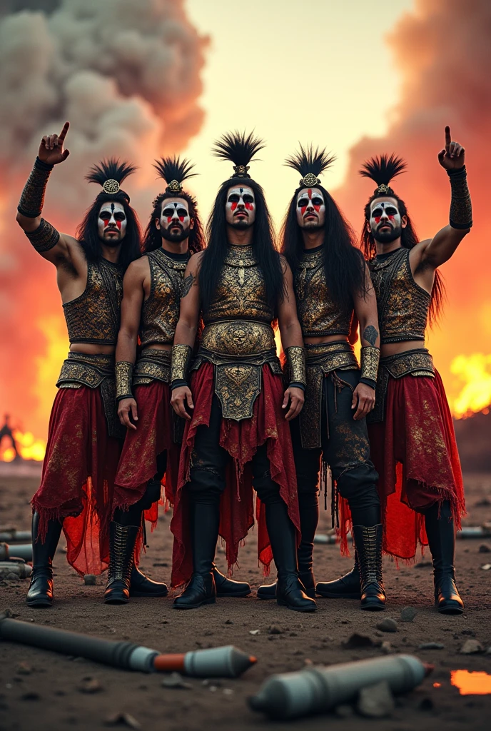 Heavy Metal Band、Album cover photo、Group of 5 men、flashy、makeup、ecstatic、samurai、Battlefield missiles、inflammation、4k、Ultra-realistic