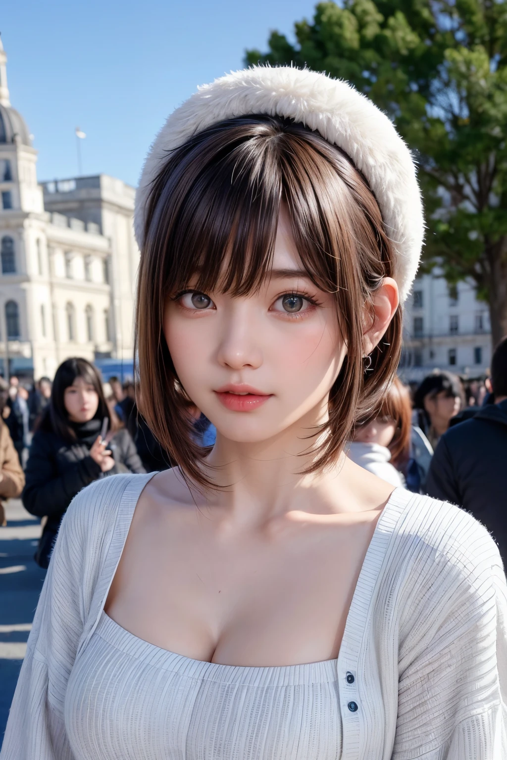 (masterpiece, Highest quality),One Girl, solo, Black-haired, scarf, hat, Realistic, Realistic, Looking at the audience, Light-coloured black eyes, Short brunette bob hair, Brown coat, Winter clothes, White headscarf, Lips, Bans, Plein Air, Mouth closed, Upper body、Big eyes、Eyelashes、((Beautiful landscape with sparkling snow))、(((Short bob hair with bangs、Shiny Hair、Big eyes、large full chest、Intensely accentuates the eyes、Staring at the audience、Beautiful beauty、Listen carefully、Long neck、Smile a little、Please close your mouth and laugh、Ideal body proportions)))、{huge|big|hugeな|Mega} chest, chestの谷間