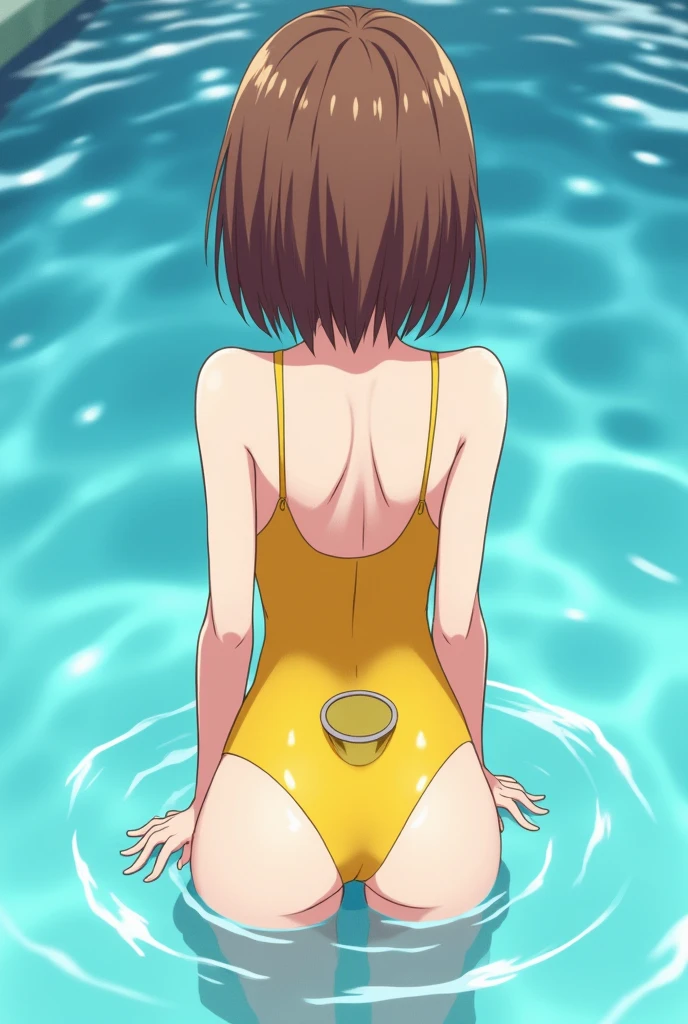 anime, girl, girl in a swimsuit, there is a urine drain hole in the bottom of the swimsuit, the girl pees, pees herself, urine pours out of the urine drain hole, urine drains into the pool, bright yellow urine dissolves in the pool