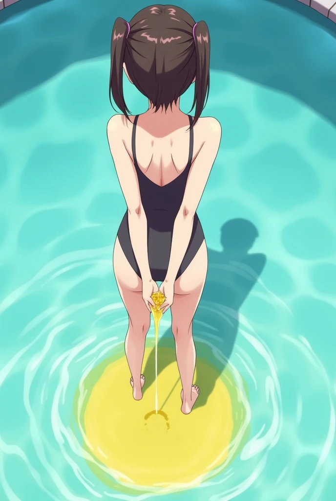 anime, girl, girl in a swimsuit, there is a urine drain hole in the bottom of the swimsuit, the girl pees, pees herself, urine pours out of the urine drain hole, urine drains into the pool, bright yellow urine dissolves in the pool