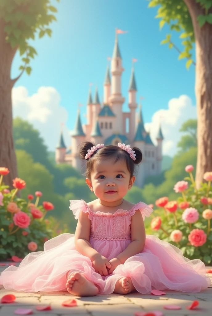 Real pinay  girl wearing pink gown sitting in the floor with background castle and arounding flowers with name "one" write beside