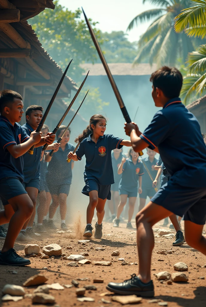 Indonesian students brawl wearing high school uniforms with curved sharp weapons